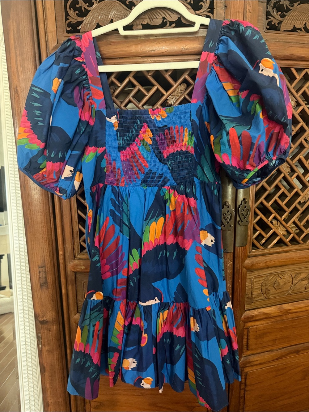 FARM Rio Navy Blue Multicolor Puff-Sleeve Mini Dress - Picture 3 of 3
